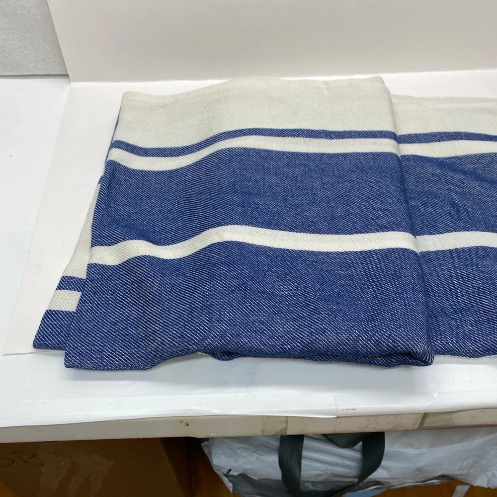 Lancome French Nautical Navy Off White Striped Throw Blanket Wrap 100% Cotton